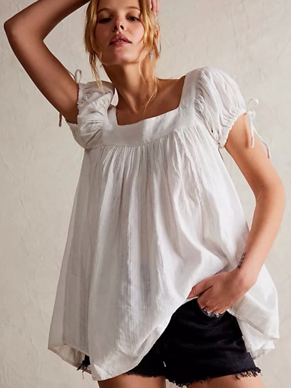 Free People White Square-Neck Peasant Tunic